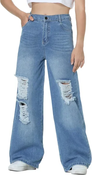 EXARUS Girls Jeans Pants Wide Leg/Flare/Skinny Denim Pant Ripped High Waist Elastic Band Casual with Pockets Kids 6-14Y