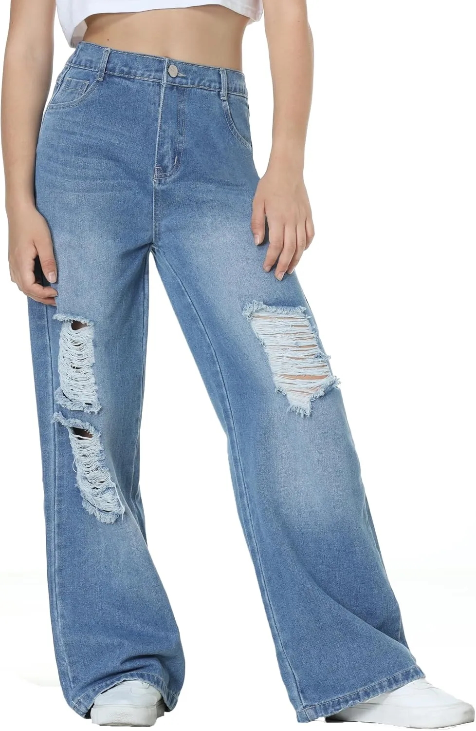 EXARUS Girls Jeans Pants Wide Leg/Flare/Skinny Denim Pant Ripped High Waist Elastic Band Casual with Pockets Kids 6-14Y