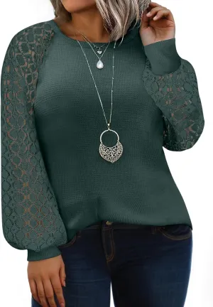 Eytino Plus Size Tops for Women Lace Long Sleeve Round Neck Casual Loose Blouses T Shirts(1X-5X)