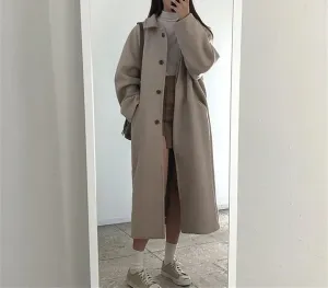 Female Cashmere Long Fall Winter Warm Coats Wool Blend Elegant Coat Lapel Solid Color Slim Fit Pea Coat