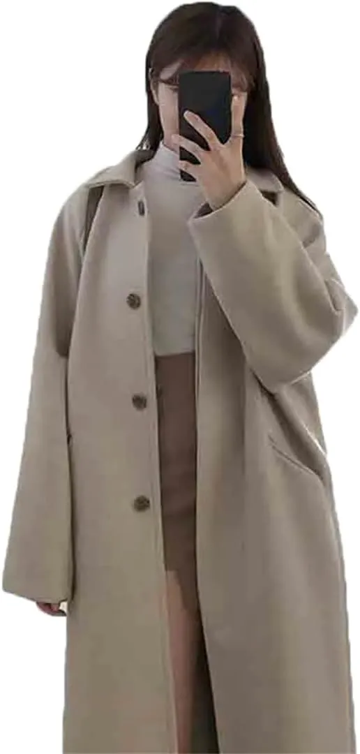 Female Cashmere Long Fall Winter Warm Coats Wool Blend Elegant Coat Lapel Solid Color Slim Fit Pea Coat