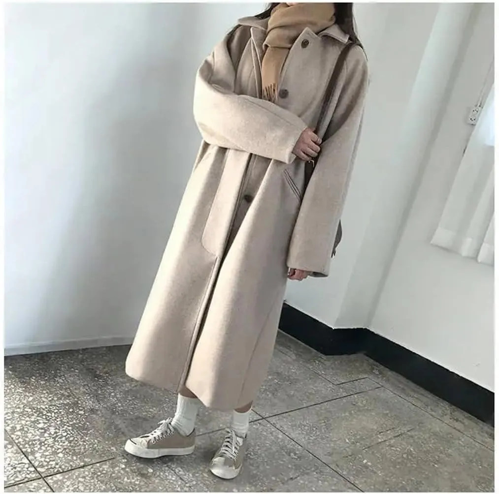 Female Cashmere Long Fall Winter Warm Coats Wool Blend Elegant Coat Lapel Solid Color Slim Fit Pea Coat