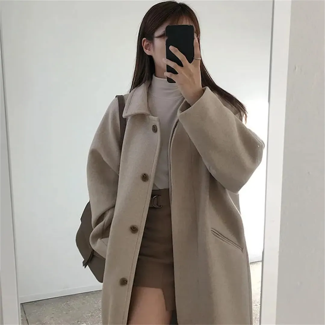 Female Cashmere Long Fall Winter Warm Coats Wool Blend Elegant Coat Lapel Solid Color Slim Fit Pea Coat
