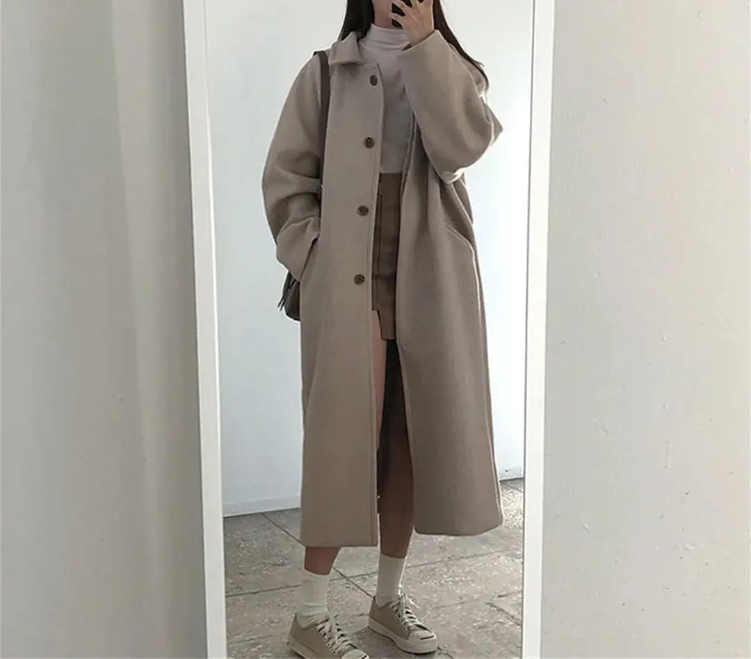 Female Cashmere Long Fall Winter Warm Coats Wool Blend Elegant Coat Lapel Solid Color Slim Fit Pea Coat