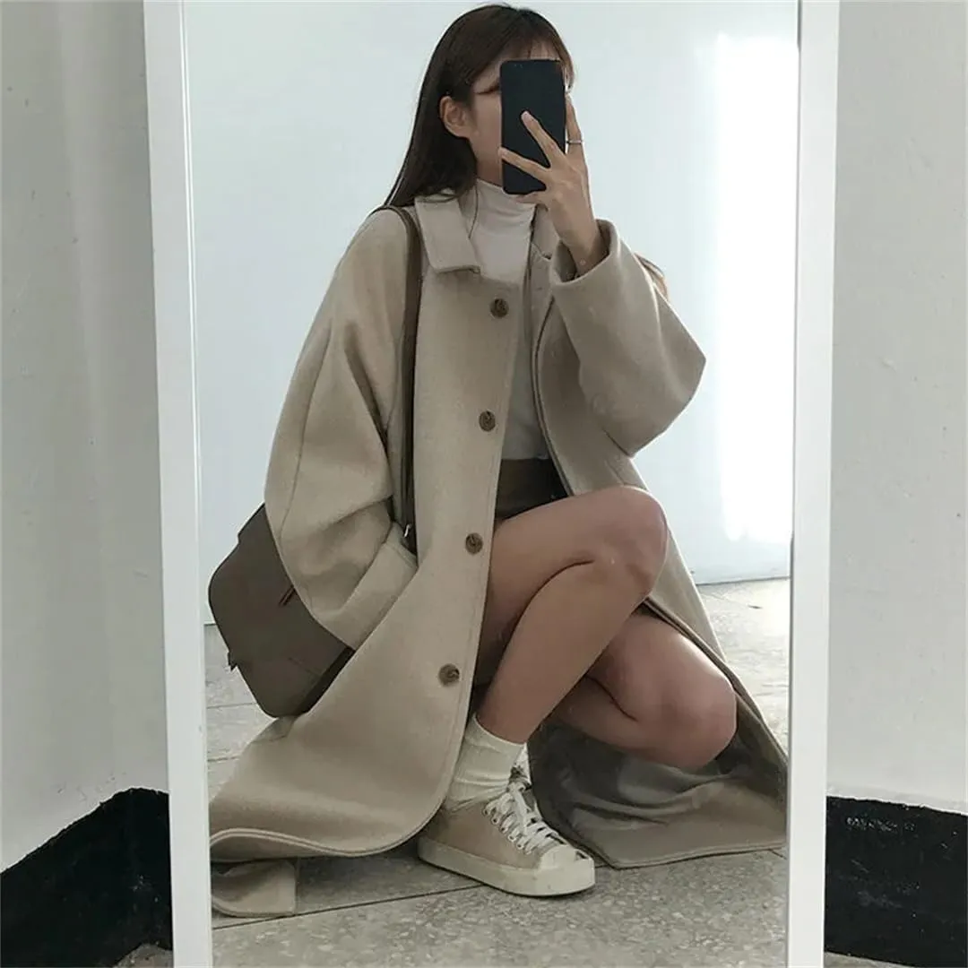 Female Cashmere Long Fall Winter Warm Coats Wool Blend Elegant Coat Lapel Solid Color Slim Fit Pea Coat