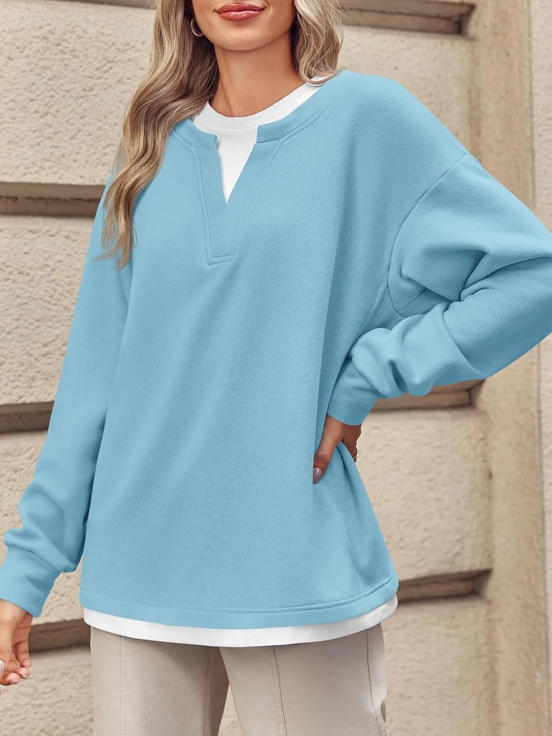 Fisoew Womens Crewneck Oversized Sweatshirts Long Sleeve Contrast Colors 2 in 1 Casual Pullover Tops