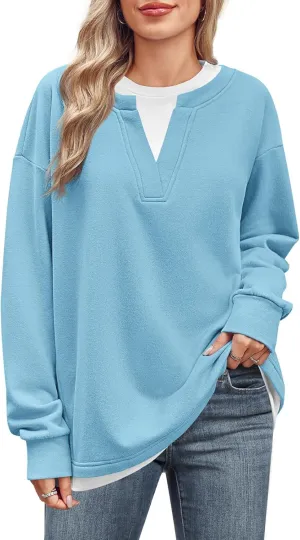 Fisoew Womens Crewneck Oversized Sweatshirts Long Sleeve Contrast Colors 2 in 1 Casual Pullover Tops