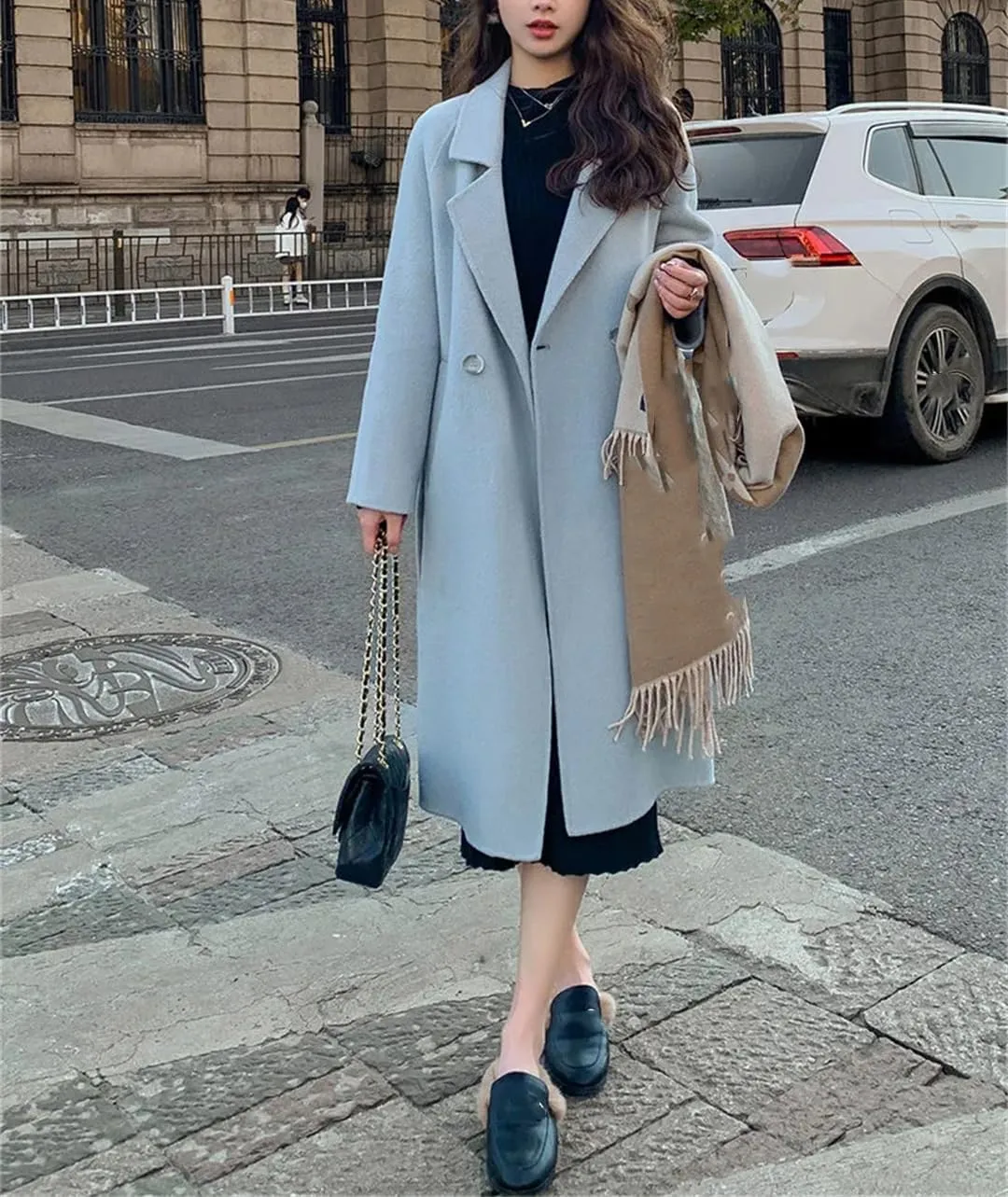 Fjnbbiot Blends Jacket Women's Spring Autumn Windbreaker Loose Medium And Long Lace Up Woolen Coat