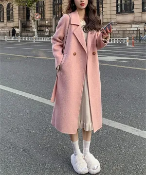 Fjnbbiot Blends Jacket Women's Spring Autumn Windbreaker Loose Medium And Long Lace Up Woolen Coat