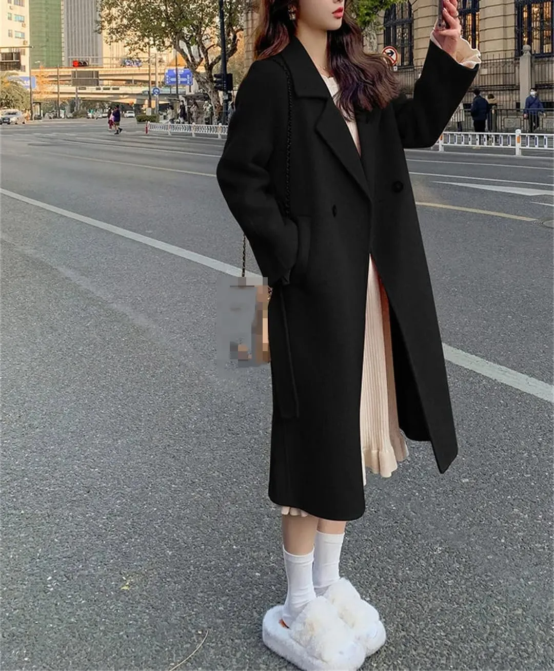 Fjnbbiot Blends Jacket Women's Spring Autumn Windbreaker Loose Medium And Long Lace Up Woolen Coat