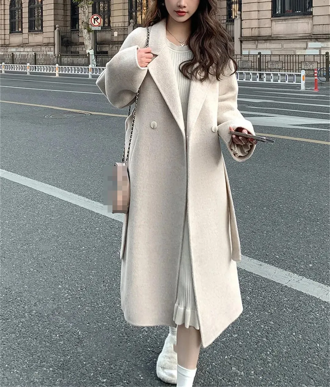 Fjnbbiot Blends Jacket Women's Spring Autumn Windbreaker Loose Medium And Long Lace Up Woolen Coat