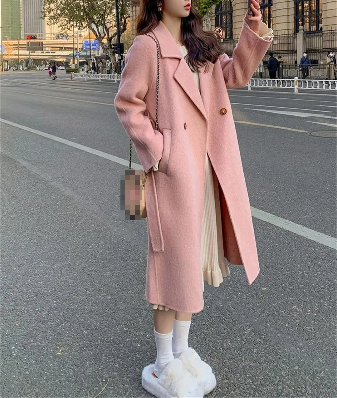 Fjnbbiot Blends Jacket Women's Spring Autumn Windbreaker Loose Medium And Long Lace Up Woolen Coat