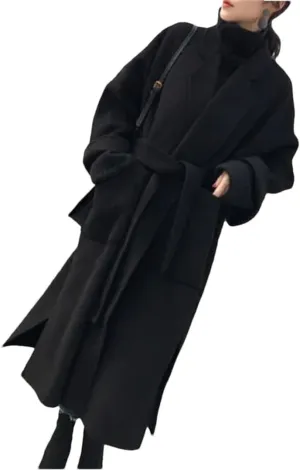Fjnbbiot Elegant Woolen Coat Women Cardigan Thicken Autumn Winter Blend Coats Belt Long Overcoats