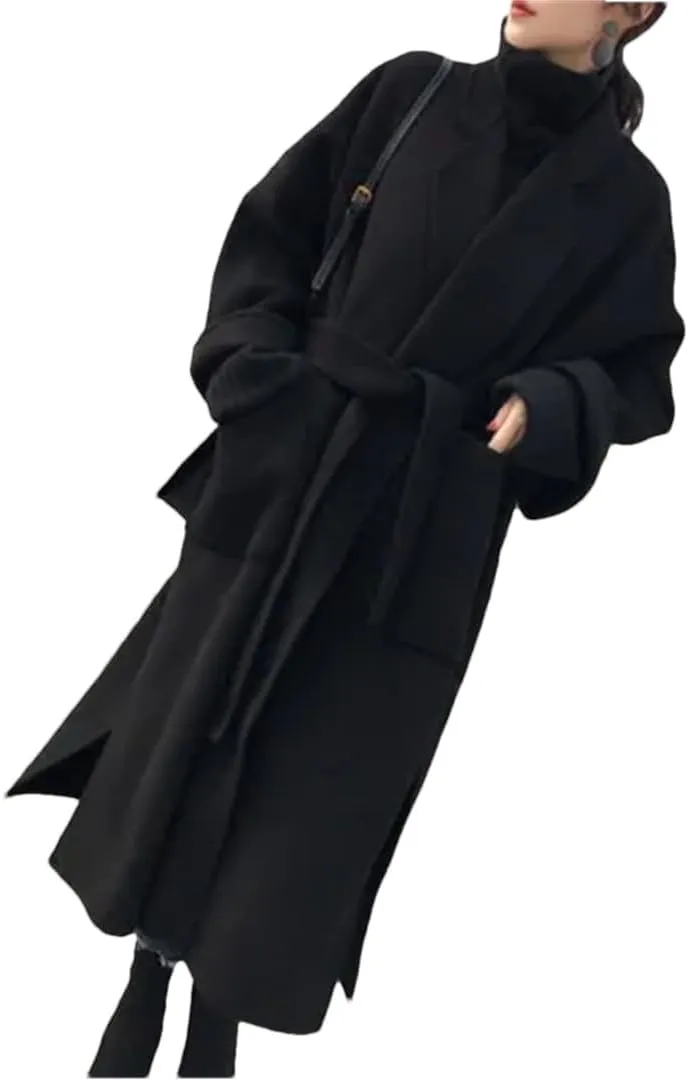 Fjnbbiot Elegant Woolen Coat Women Cardigan Thicken Autumn Winter Blend Coats Belt Long Overcoats