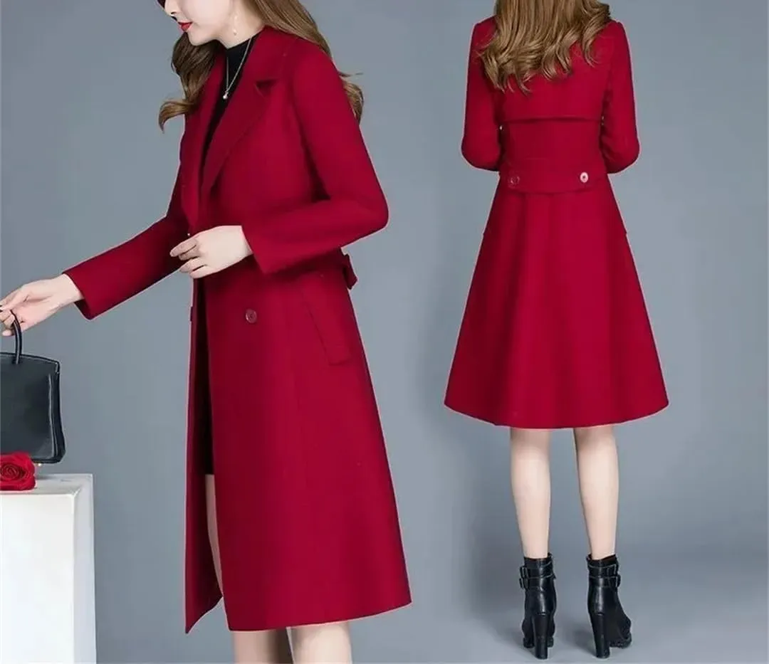 Fjnbbiot Spring Autumn Wool Coat Women Warm Woolen Jacket Parkas Long Slim Notched Collar Wool Blend Over Coat Windbreaker