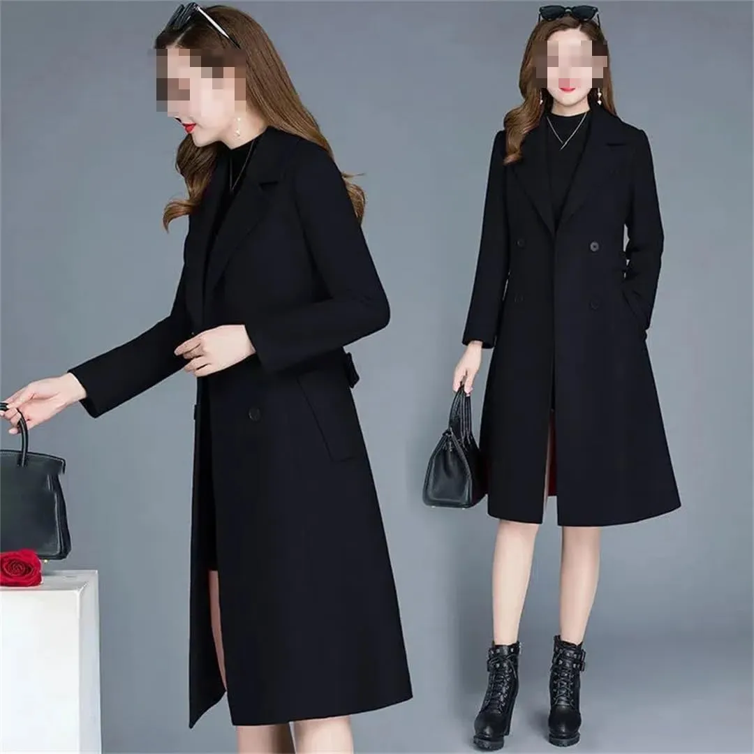 Fjnbbiot Spring Autumn Wool Coat Women Warm Woolen Jacket Parkas Long Slim Notched Collar Wool Blend Over Coat Windbreaker