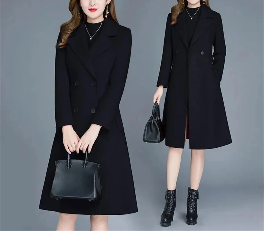 Fjnbbiot Spring Autumn Wool Coat Women Warm Woolen Jacket Parkas Long Slim Notched Collar Wool Blend Over Coat Windbreaker