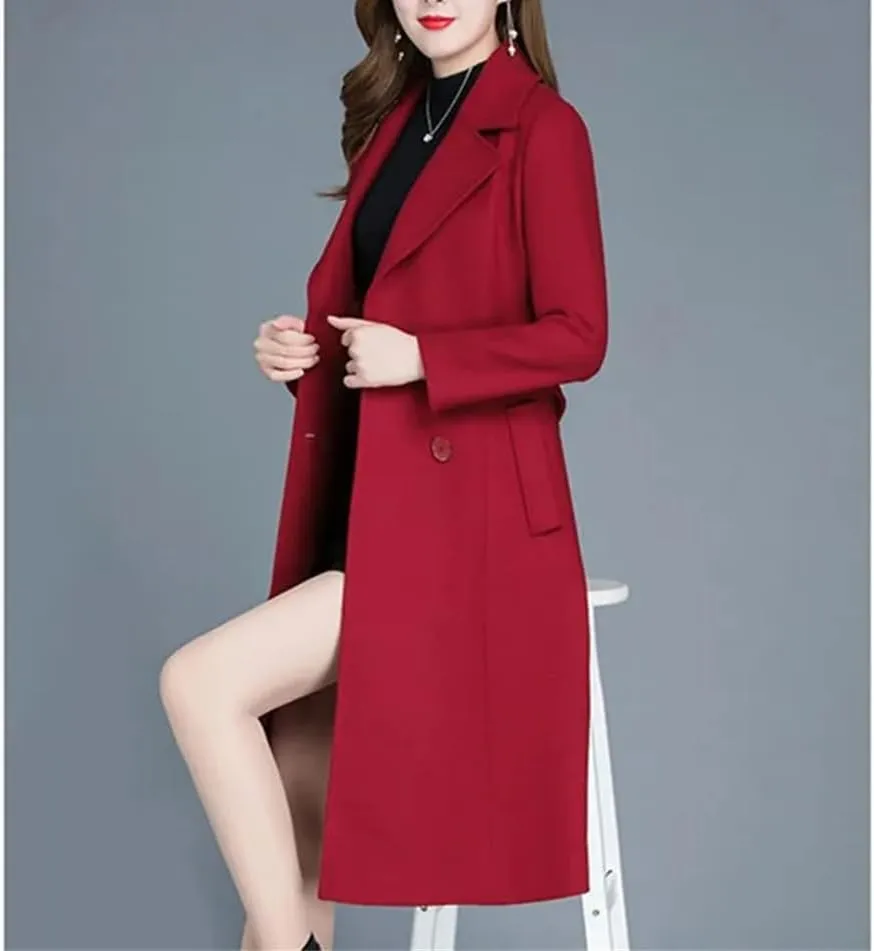 Fjnbbiot Spring Autumn Wool Coat Women Warm Woolen Jacket Parkas Long Slim Notched Collar Wool Blend Over Coat Windbreaker