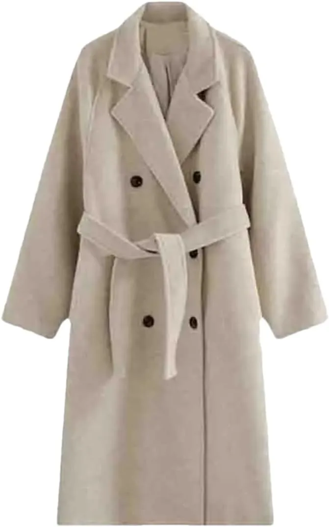 Fjnbbiot Women Double Breasted Loose Woolen Coat Lapel Collar Long Sleeves Solid Casual Autumn Winter Pea Coat