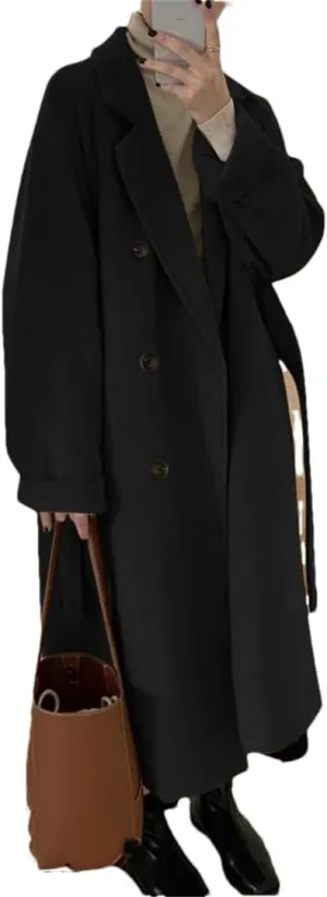 Fjnbbiot Women Double Breasted Loose Woolen Coat Lapel Collar Long Sleeves Solid Casual Autumn Winter Pea Coat
