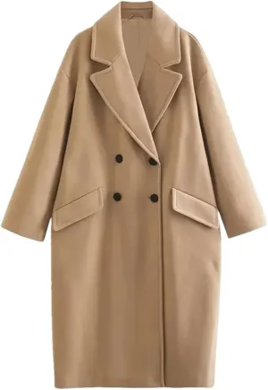 Fjnbbiot Women Winter Thick Woolen Coats With Loose Long Sleeves Elegant Notched Collar Double Breasted Wool Blend Over Coat