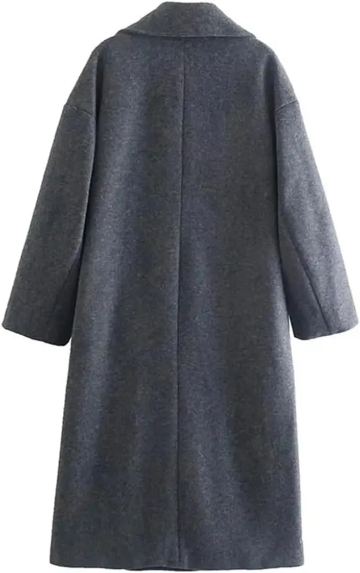 Fjnbbiot Women Winter Thick Woolen Coats With Loose Long Sleeves Elegant Notched Collar Double Breasted Wool Blend Over Coat