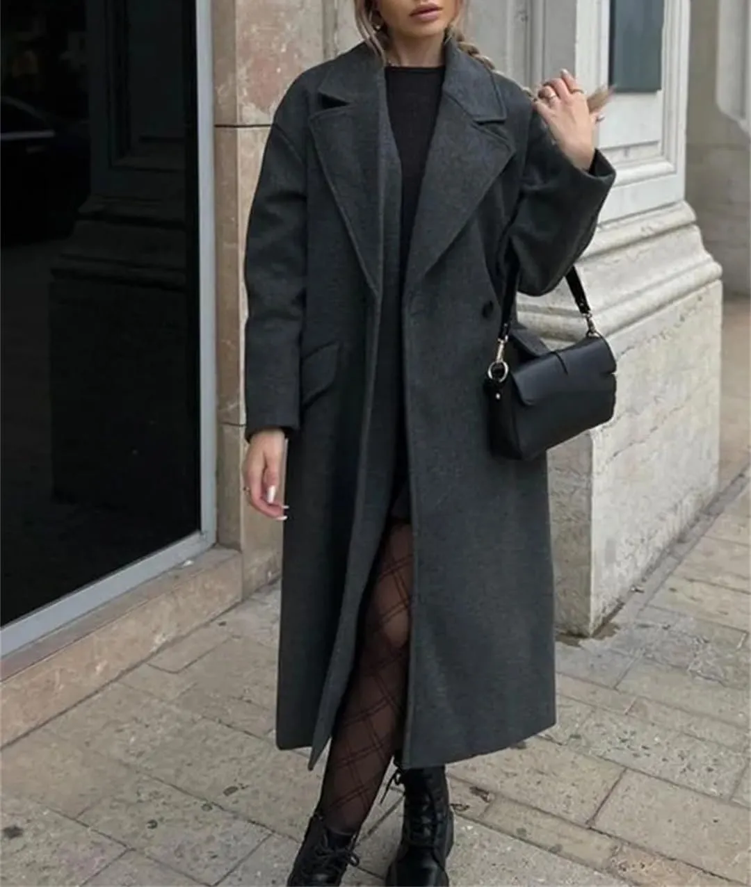 Fjnbbiot Women Winter Thick Woolen Coats With Loose Long Sleeves Elegant Notched Collar Double Breasted Wool Blend Over Coat