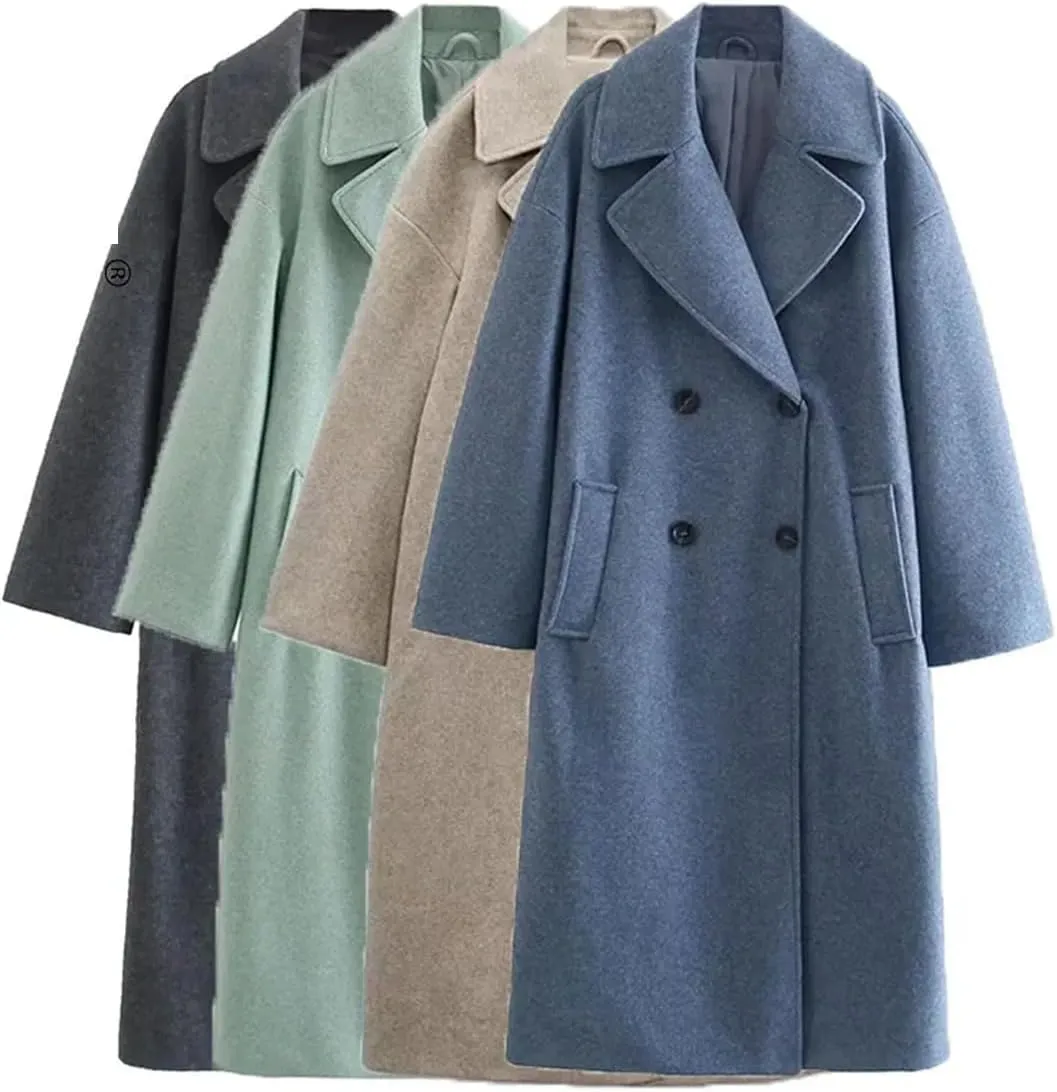 Fjnbbiot Women Winter Thick Woolen Coats With Loose Long Sleeves Elegant Notched Collar Double Breasted Wool Blend Over Coat