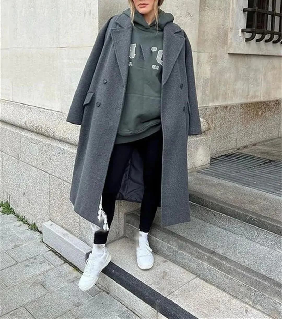 Fjnbbiot Women Winter Thick Woolen Coats With Loose Long Sleeves Elegant Notched Collar Double Breasted Wool Blend Over Coat