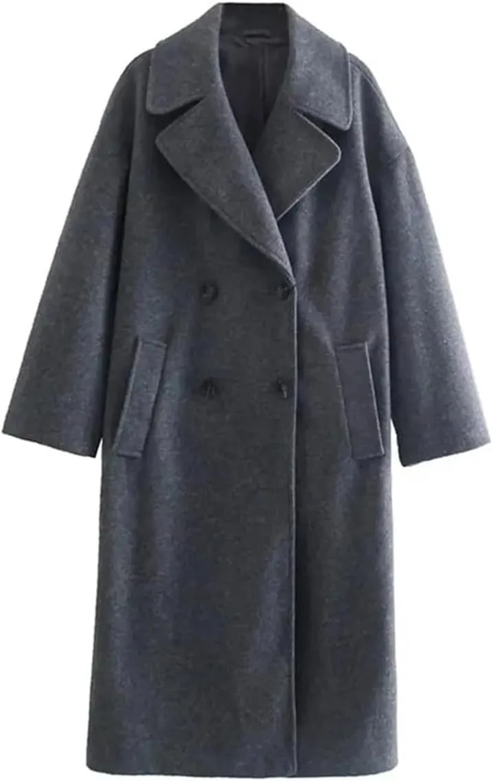 Fjnbbiot Women Winter Thick Woolen Coats With Loose Long Sleeves Elegant Notched Collar Double Breasted Wool Blend Over Coat