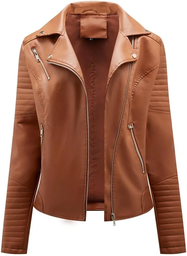 Fjnbbiot Women's Moto Biker Zipper Jacket Fashion Faux Leather Jacket Spring Autumn Coat
