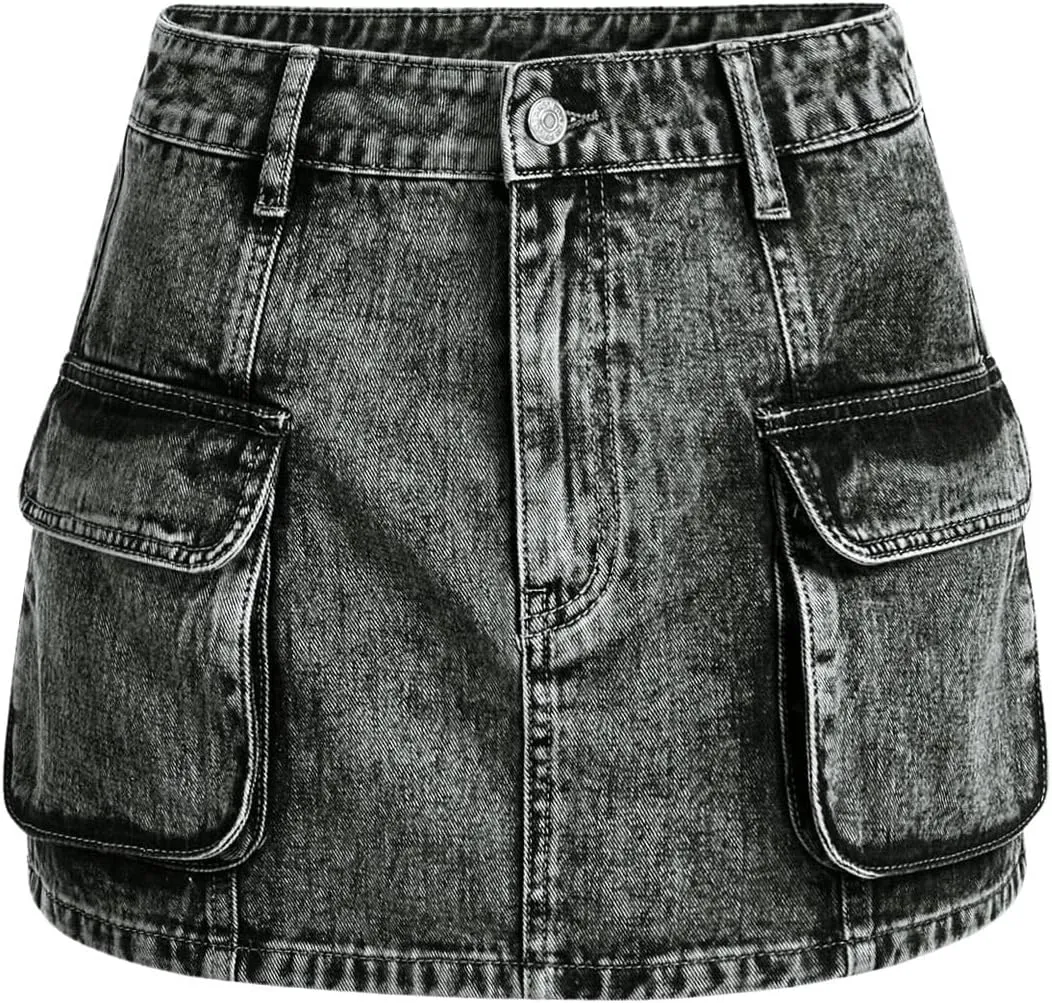 Floerns Women's High Waisted Denim Mini Skirt Flap Pocket Bodycon Jean Cargo Skirts