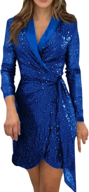 Formal Dresses for Women,2024 Summer Trendy Sparkly Sequin Party Dress,Elegant V Neck Long Sleeve Ruched Blazer Dress