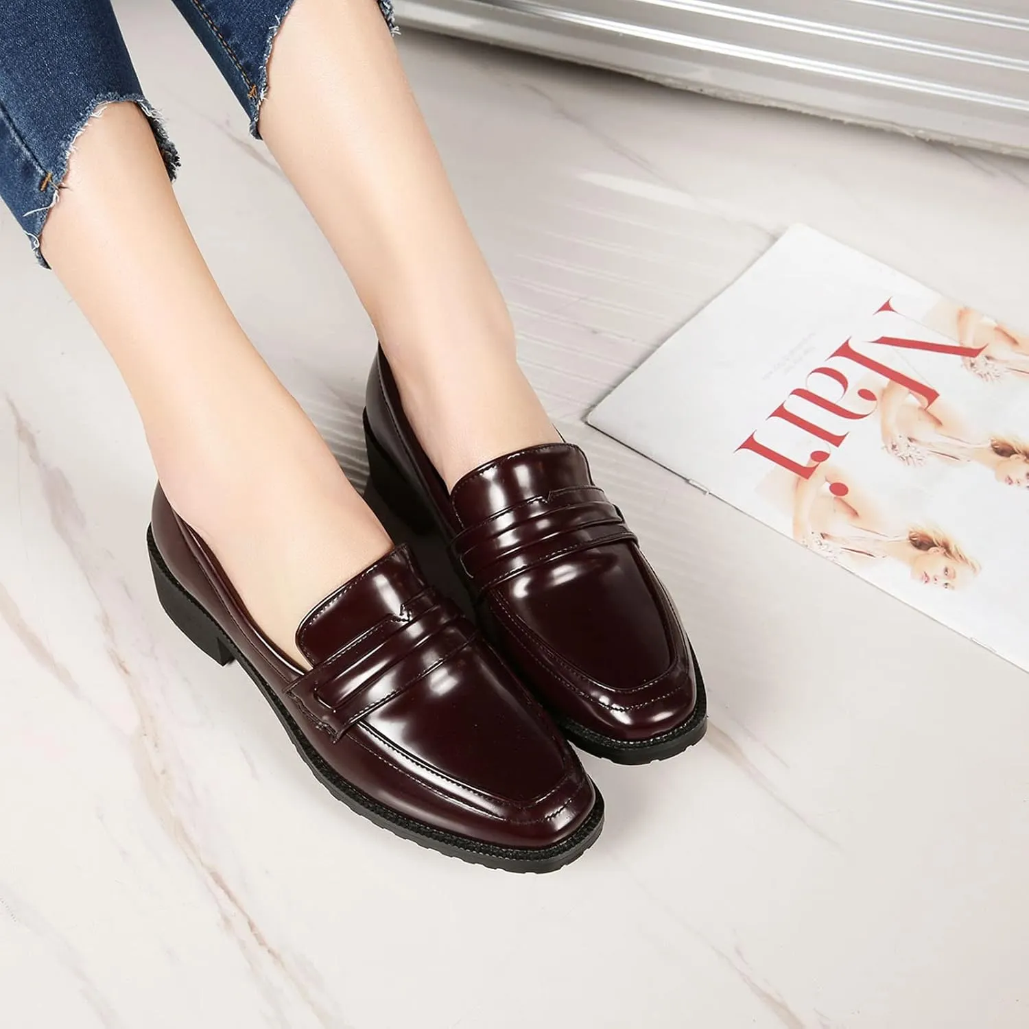 FOWT Women’s Dressy Comfortable Low Heels Loafers Closed Square Toe Slip-On Flats Wide Width Breathable Driving Style Penny Loafers Walking Business Office Shoes Size 3-15 US