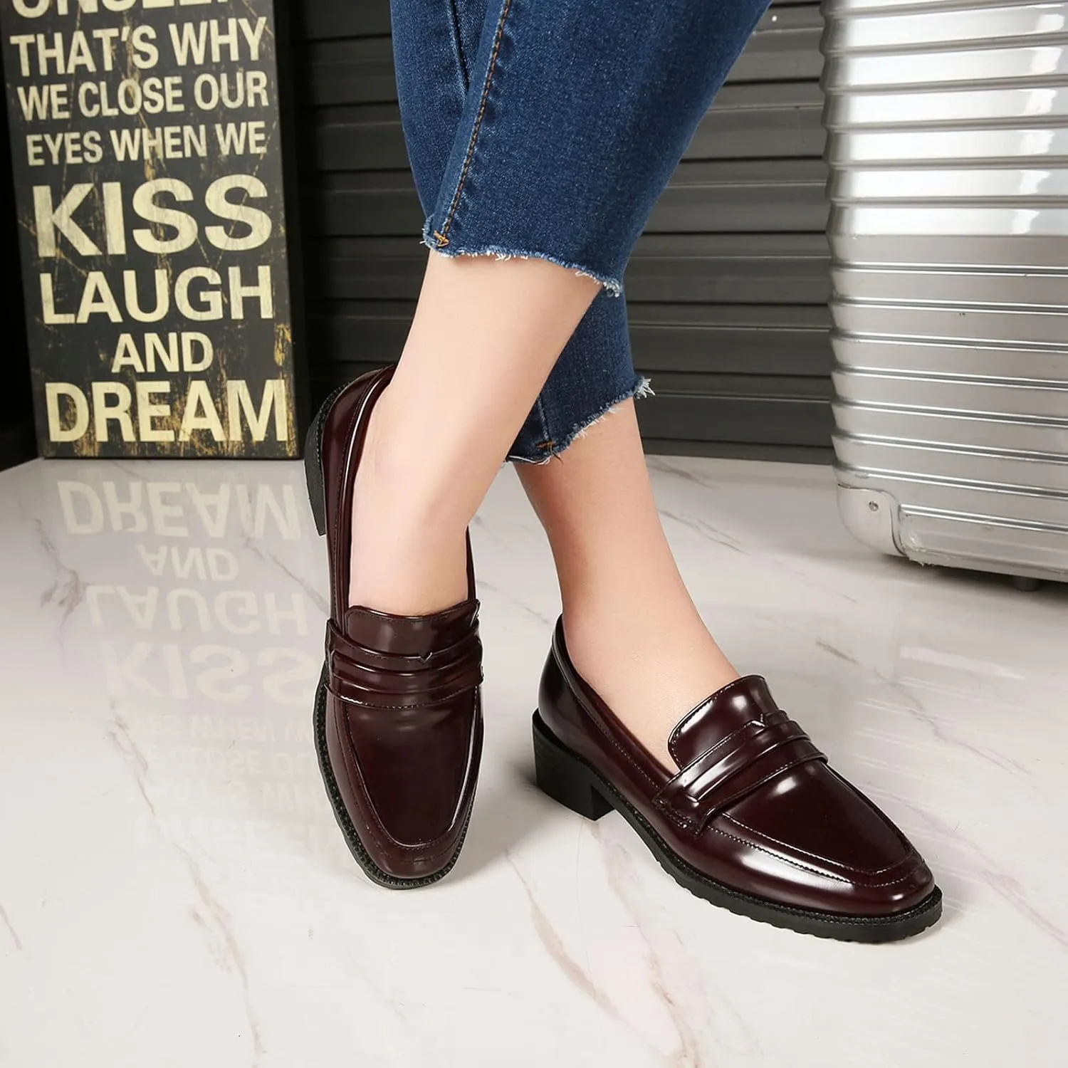 FOWT Women’s Dressy Comfortable Low Heels Loafers Closed Square Toe Slip-On Flats Wide Width Breathable Driving Style Penny Loafers Walking Business Office Shoes Size 3-15 US
