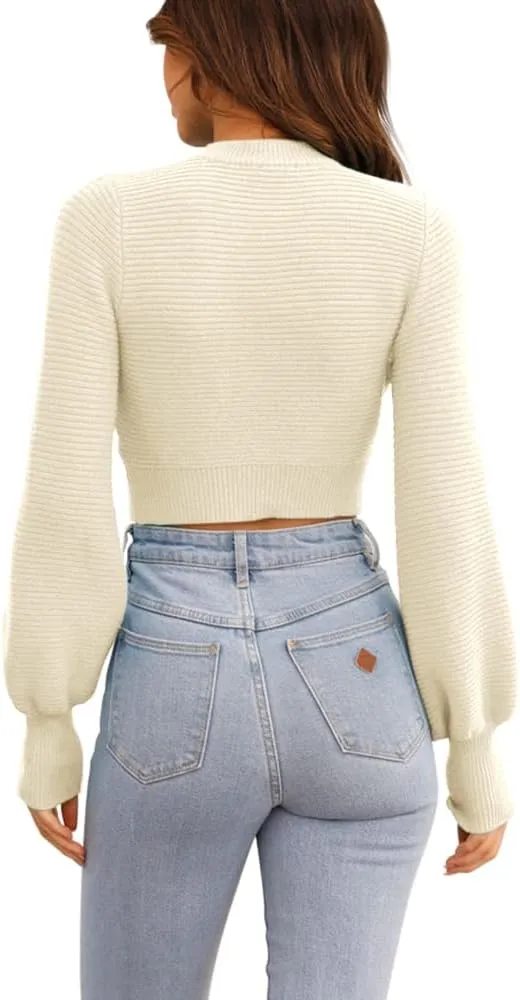 GeGekoko Womens Sexy Crew Neck Cropped Sweaters Ribbed Knit Long Sleeve Crop Tops Pullover