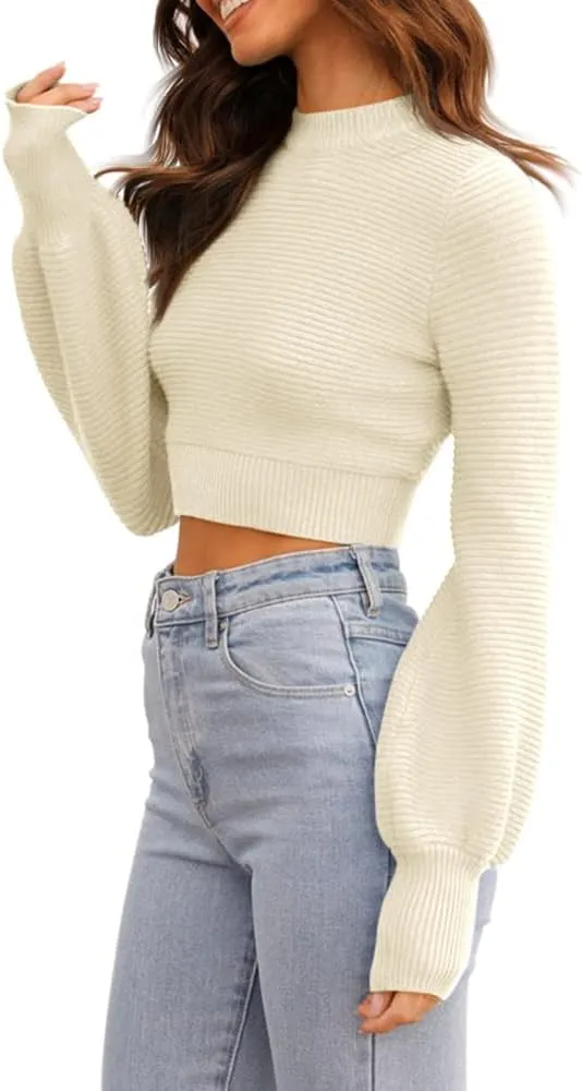 GeGekoko Womens Sexy Crew Neck Cropped Sweaters Ribbed Knit Long Sleeve Crop Tops Pullover