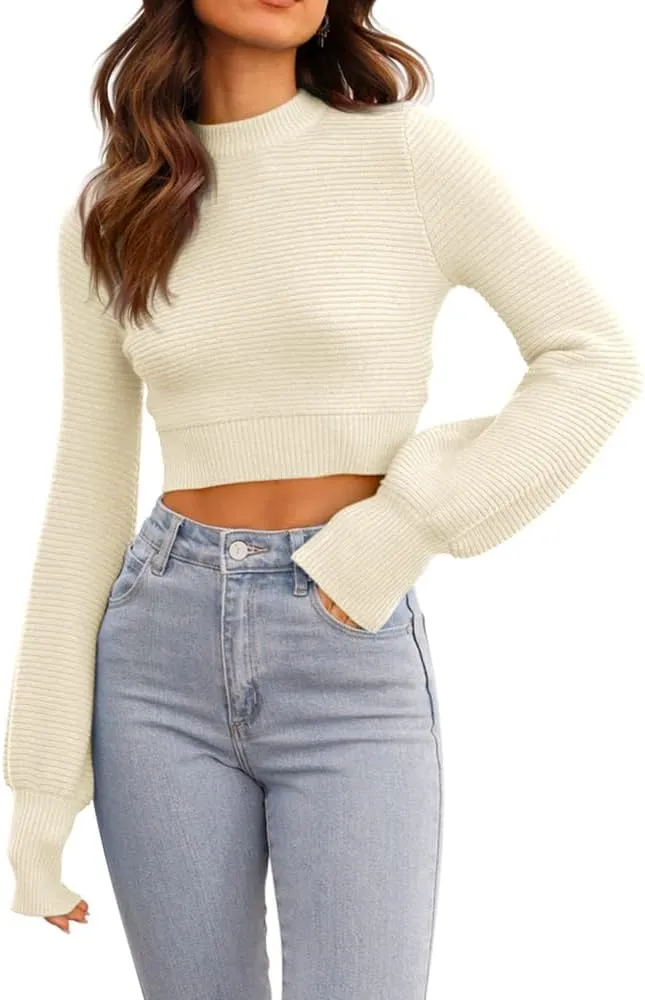 GeGekoko Womens Sexy Crew Neck Cropped Sweaters Ribbed Knit Long Sleeve Crop Tops Pullover