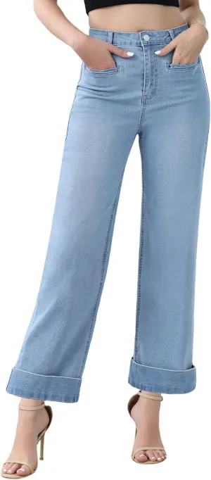 Genleck Ankle Wide Leg Jeans for Women High Waisted Boyfriend Stretchy Straight Trousers Pants with Pockets Trendy