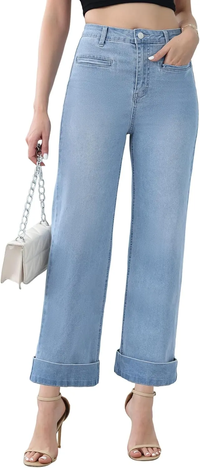 Genleck Ankle Wide Leg Jeans for Women High Waisted Boyfriend Stretchy Straight Trousers Pants with Pockets Trendy