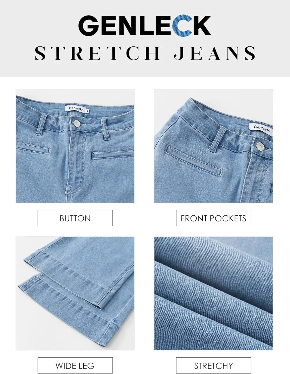 Genleck Ankle Wide Leg Jeans for Women High Waisted Boyfriend Stretchy Straight Trousers Pants with Pockets Trendy