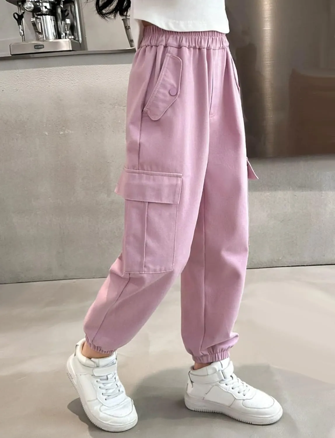 Girls Cargo Jogger Pants with Pockets Elastic Waist Loose Sweatpant Soft Cotton Straight Trousers Pant 5-14 Years
