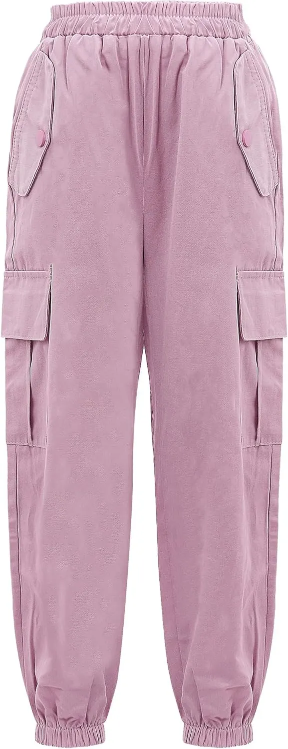 Girls Cargo Jogger Pants with Pockets Elastic Waist Loose Sweatpant Soft Cotton Straight Trousers Pant 5-14 Years
