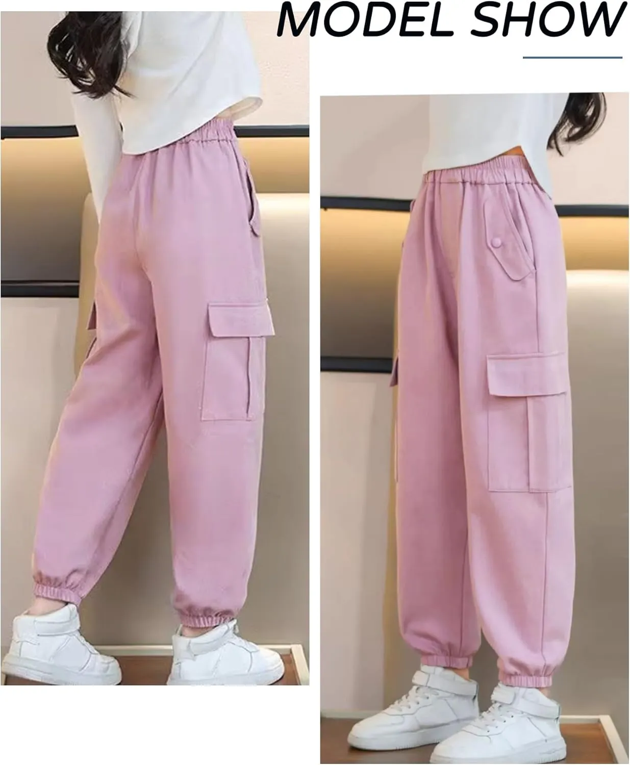 Girls Cargo Jogger Pants with Pockets Elastic Waist Loose Sweatpant Soft Cotton Straight Trousers Pant 5-14 Years
