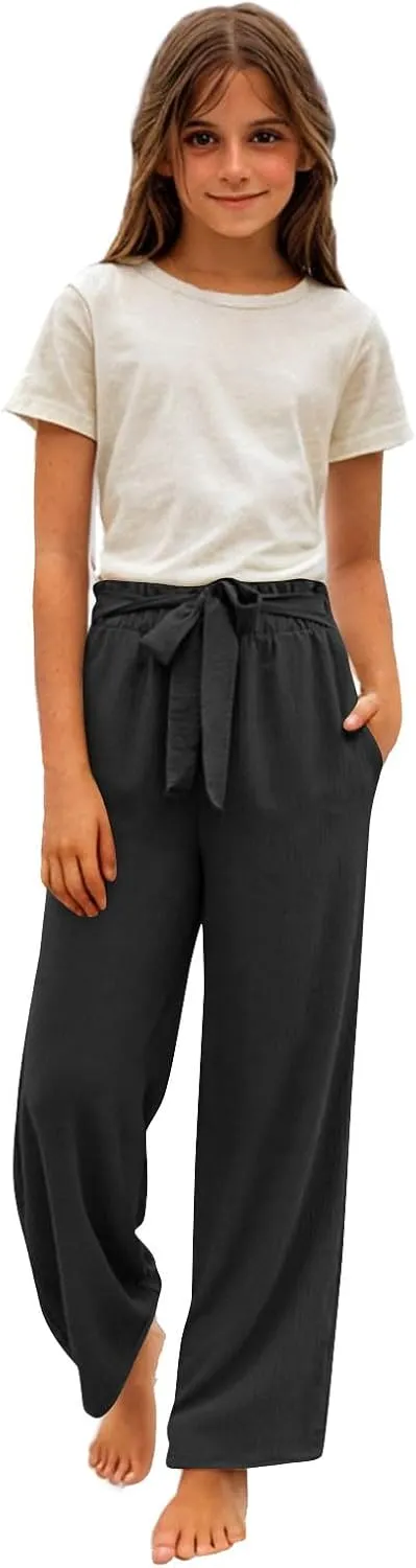Girls Cotton Linen Palazzo Pants Wide Leg High Waist Smocked Flowy Trousers 2025 Kids Summer Beach Vacation Outfits