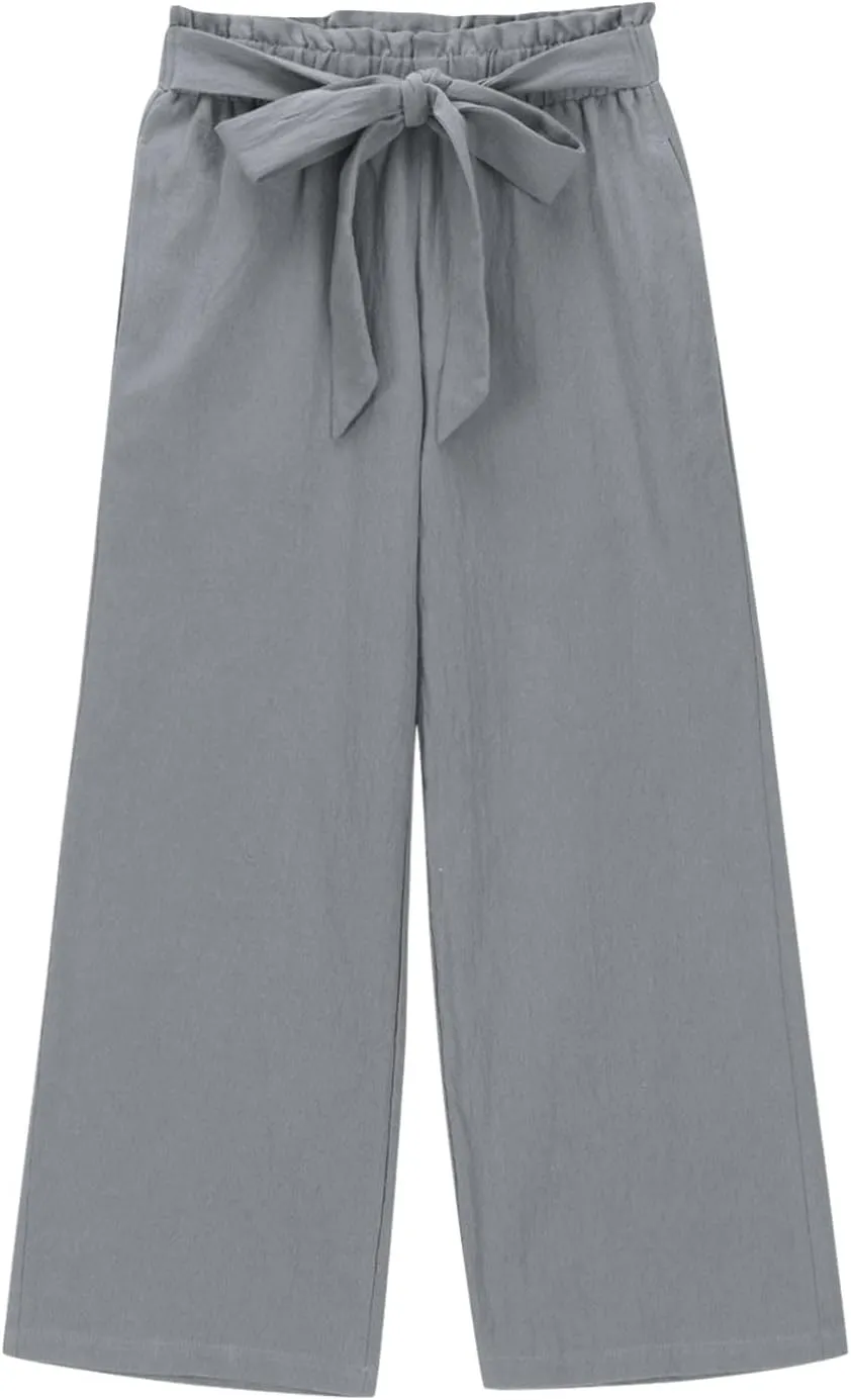 Girls Cotton Linen Palazzo Pants Wide Leg High Waist Smocked Flowy Trousers 2025 Kids Summer Beach Vacation Outfits
