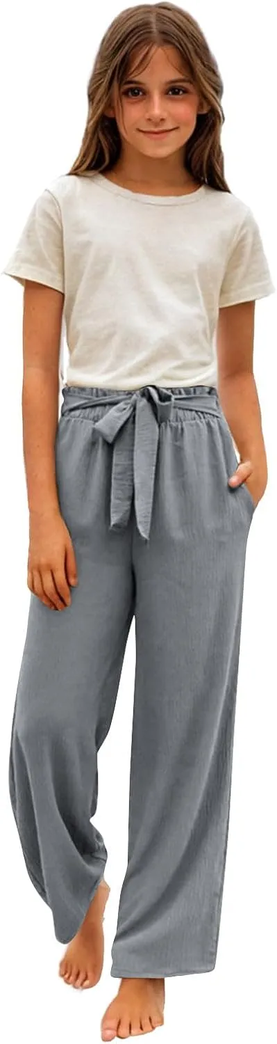 Girls Cotton Linen Palazzo Pants Wide Leg High Waist Smocked Flowy Trousers 2025 Kids Summer Beach Vacation Outfits