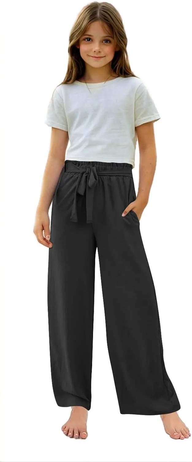 Girls Cotton Linen Palazzo Pants Wide Leg High Waist Smocked Flowy Trousers 2025 Kids Summer Beach Vacation Outfits