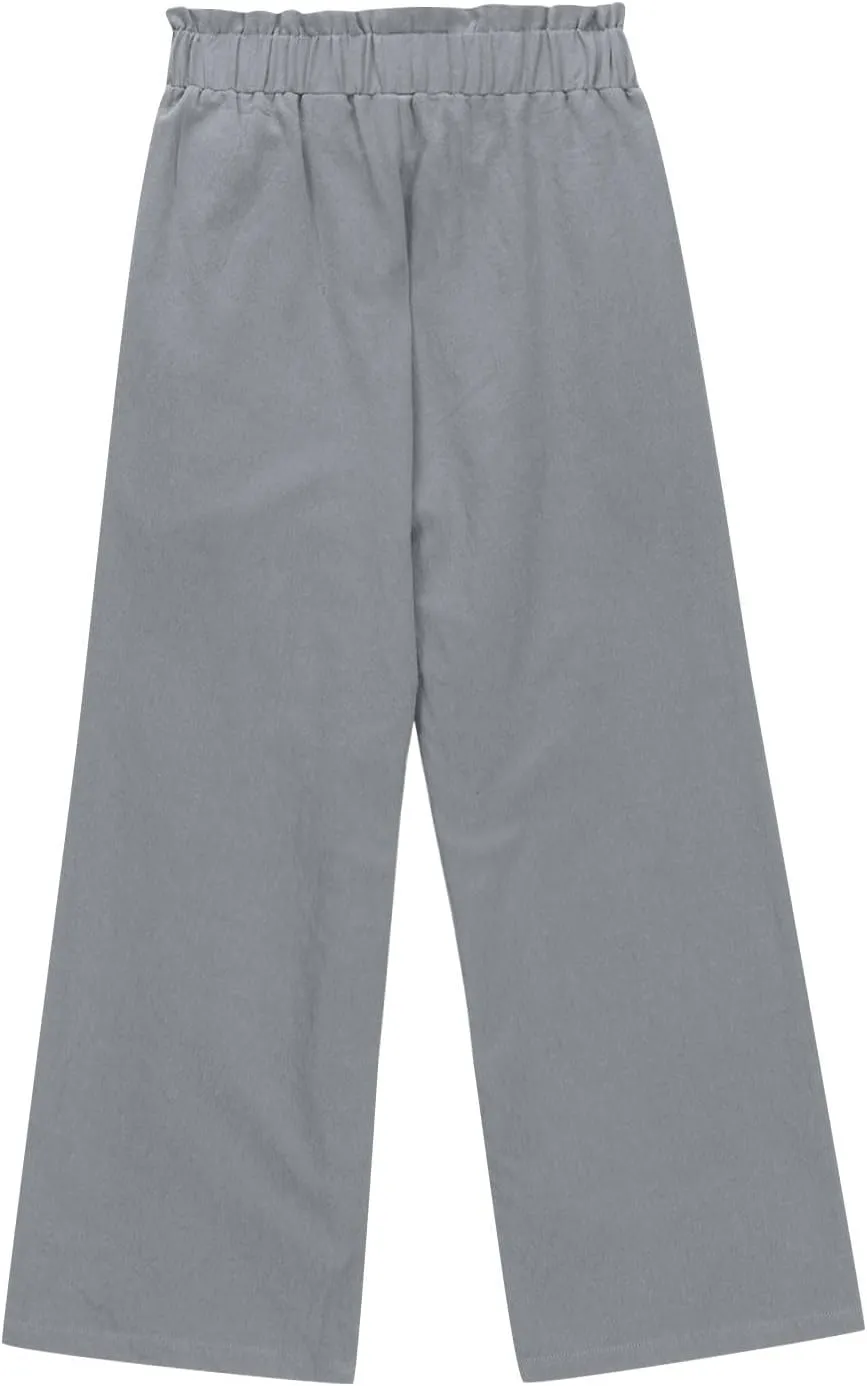 Girls Cotton Linen Palazzo Pants Wide Leg High Waist Smocked Flowy Trousers 2025 Kids Summer Beach Vacation Outfits