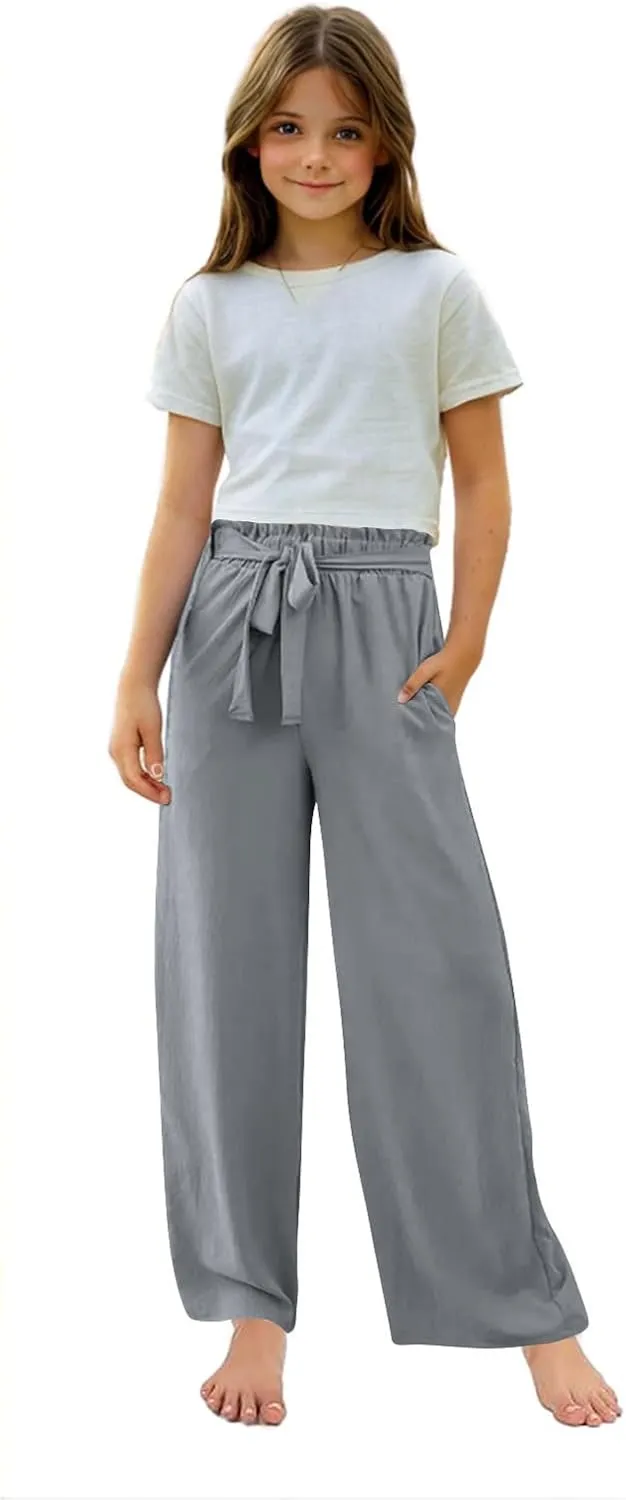 Girls Cotton Linen Palazzo Pants Wide Leg High Waist Smocked Flowy Trousers 2025 Kids Summer Beach Vacation Outfits